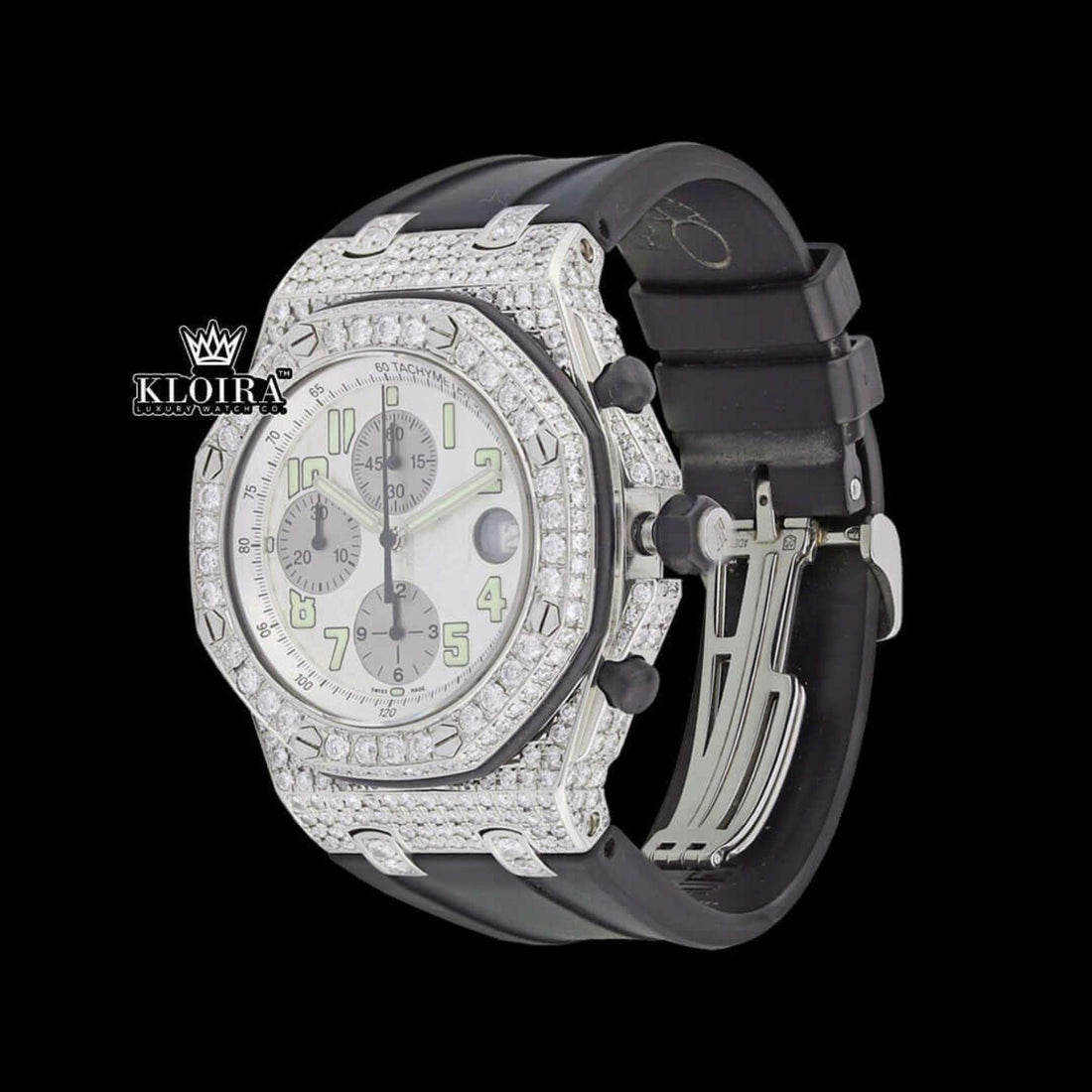 White Dial Standard Numerals Chronograph Semi Iced Moissanite Diamond Watch Front View