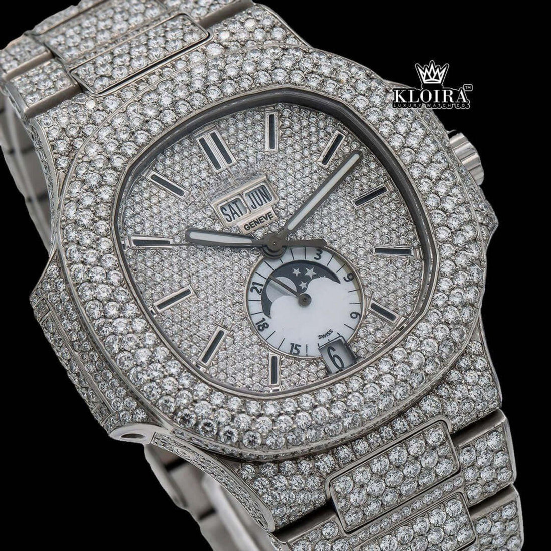 White Dial Stick Markers Moonphase Fully Iced Out Moissanite Diamond Watch Front View