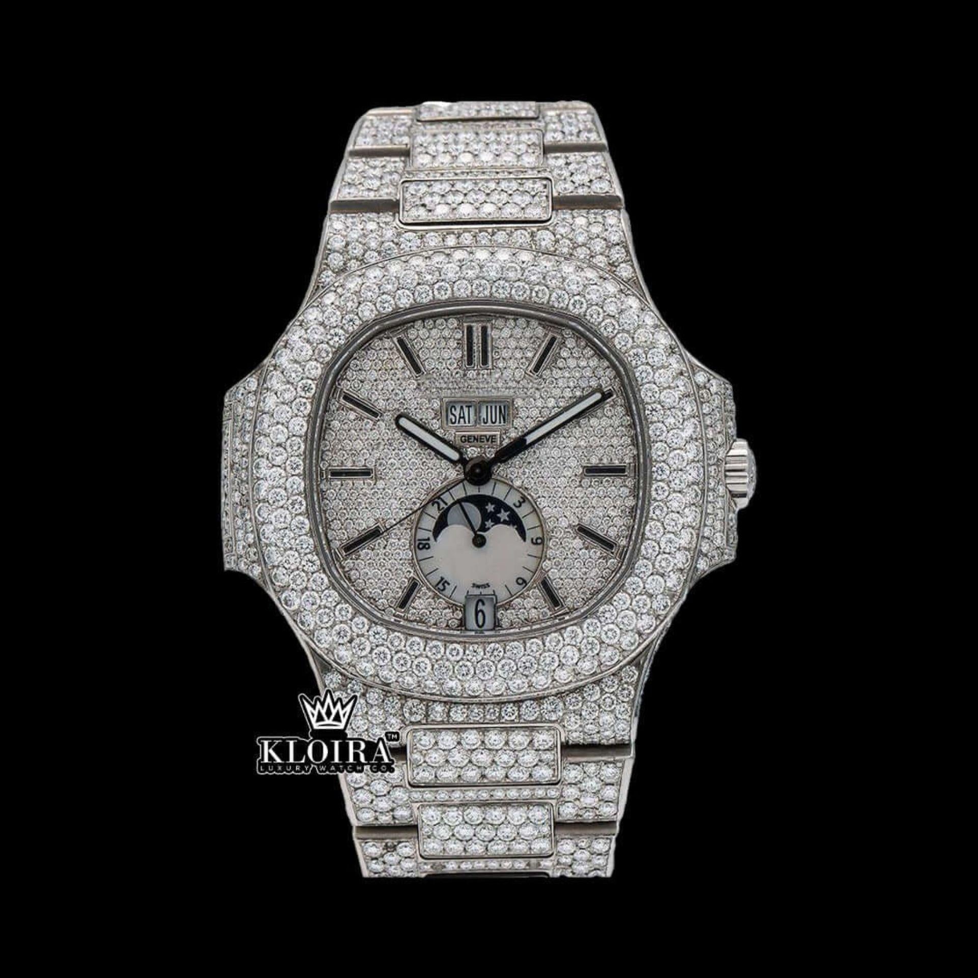 White Dial Stick Markers Moonphase Fully Iced Out Moissanite Diamond Watch Front View