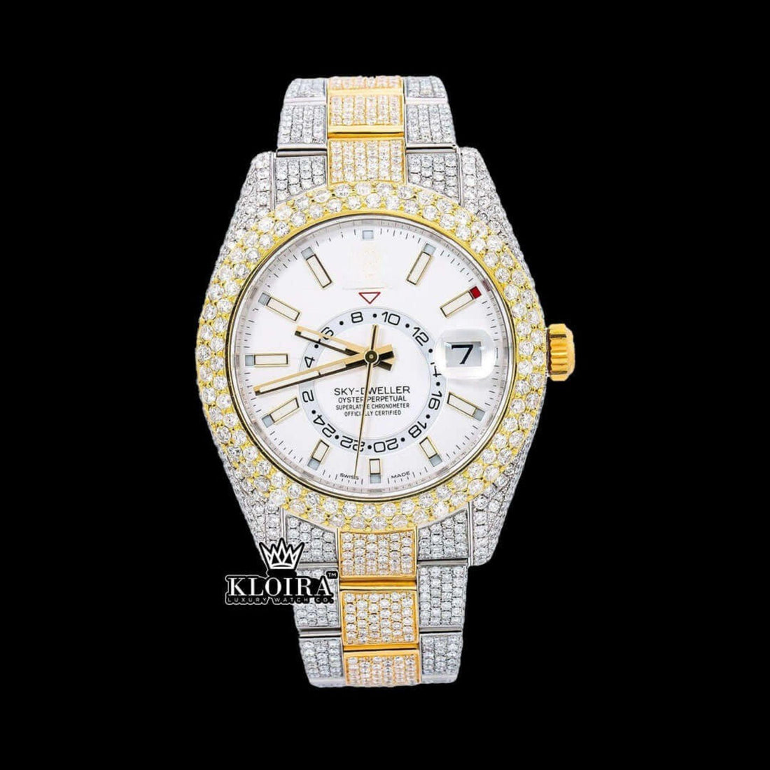 White Dial Two Tone Gold Silver Dual Time Fully Iced Out Moissanite Watch Front View