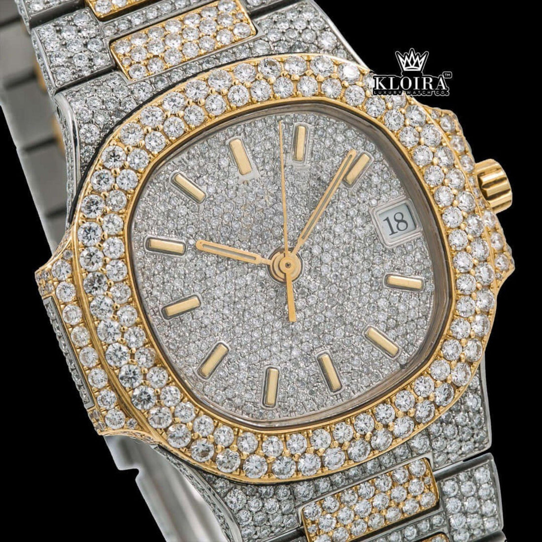 White Dial Yellow Stick Markers Fully Iced Out Moissanite Diamond Watch Front View