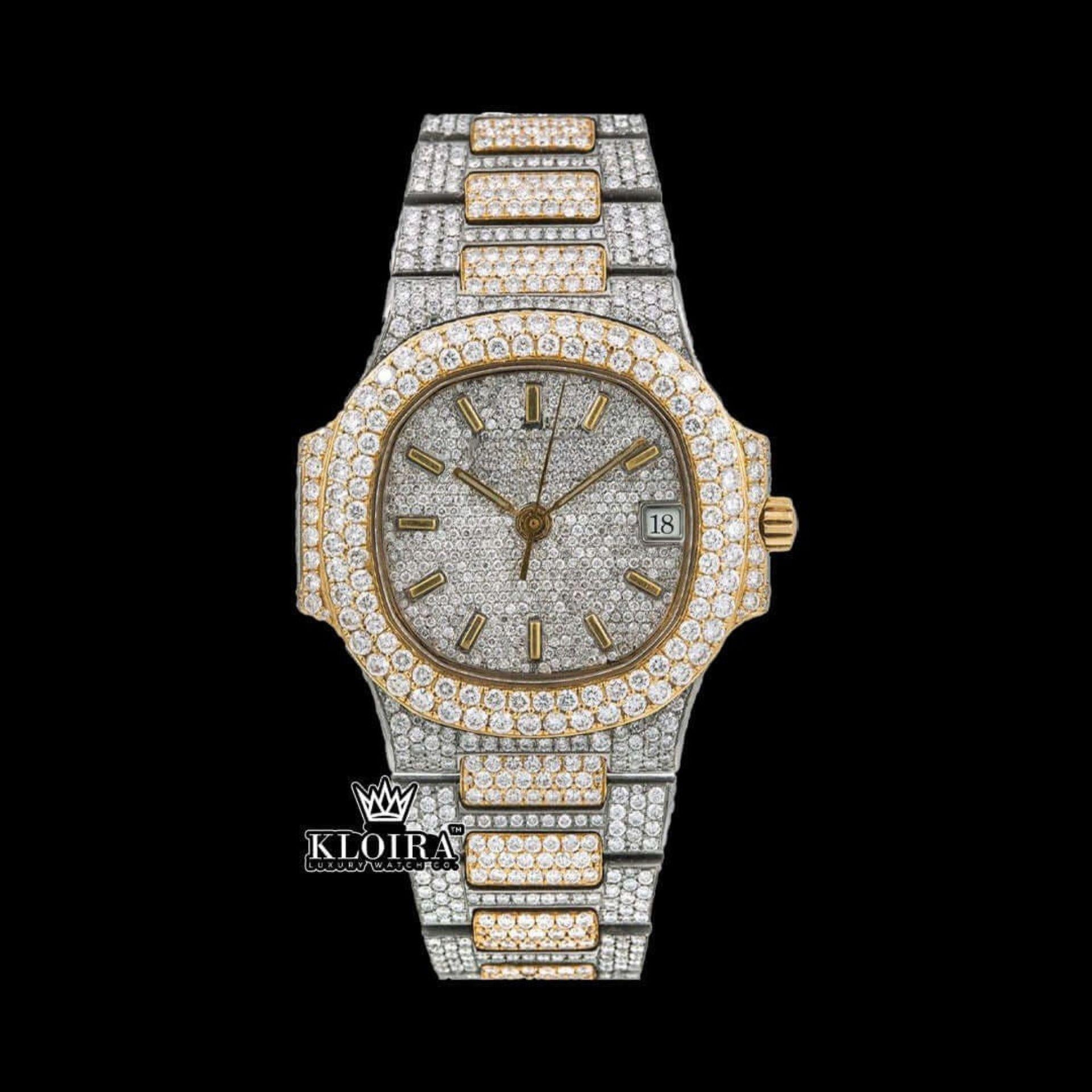 White Dial Yellow Stick Markers Fully Iced Out Moissanite Diamond Watch Front View