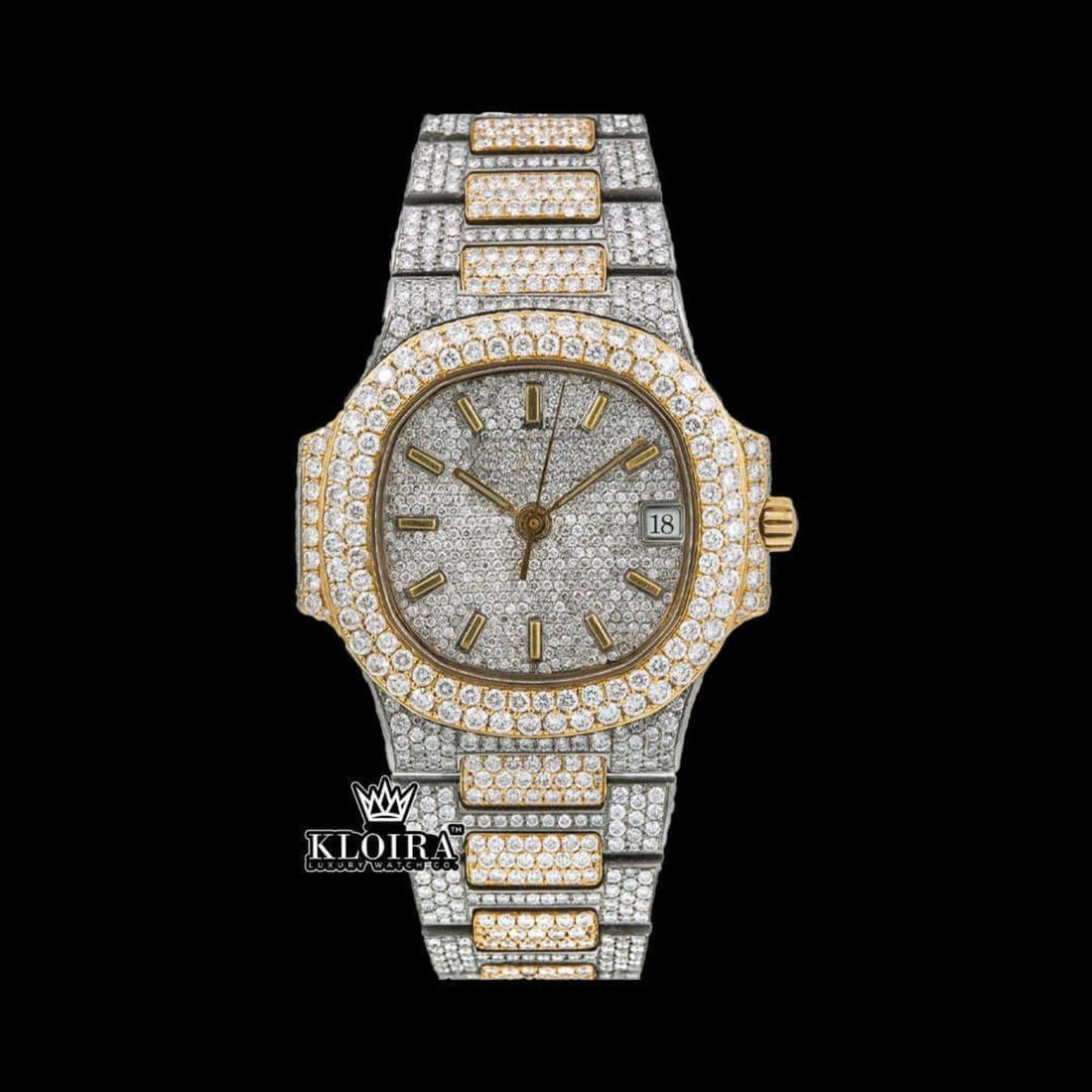 White Dial Yellow Stick Markers Fully Iced Out Moissanite Diamond Watch Front View