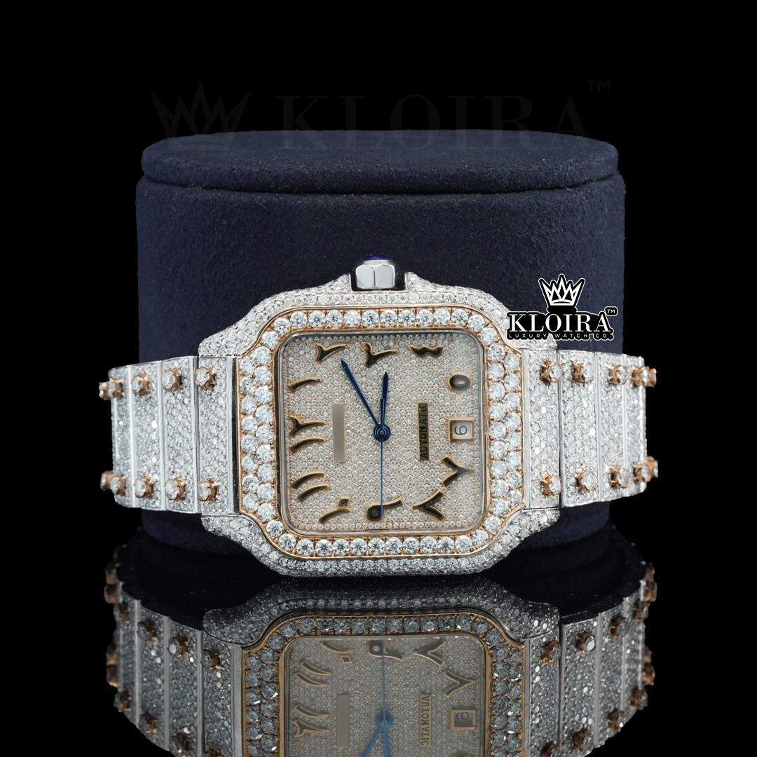 A full front view of the White Diamond Arabic Numeral Two-Tone Cartier Diamond Watch, showcasing the square face with Arabic numerals, a completely iced-out dial and bezel, and a matching two-tone diamond-encrusted bracelet