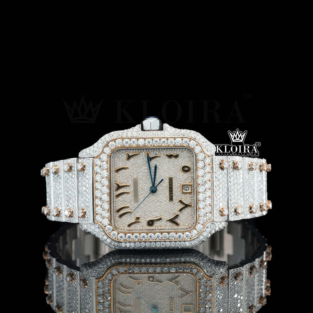 A full front view of the White Diamond Arabic Numeral Two-Tone Cartier Diamond Watch, showcasing the square face with Arabic numerals, a completely iced-out dial and bezel, and a matching two-tone diamond-encrusted bracelet
