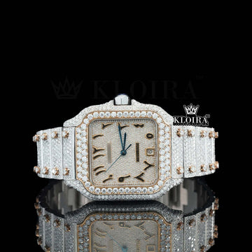 A full front view of the White Diamond Arabic Numeral Two-Tone Cartier Diamond Watch, showcasing the square face with Arabic numerals, a completely iced-out dial and bezel, and a matching two-tone diamond-encrusted bracelet