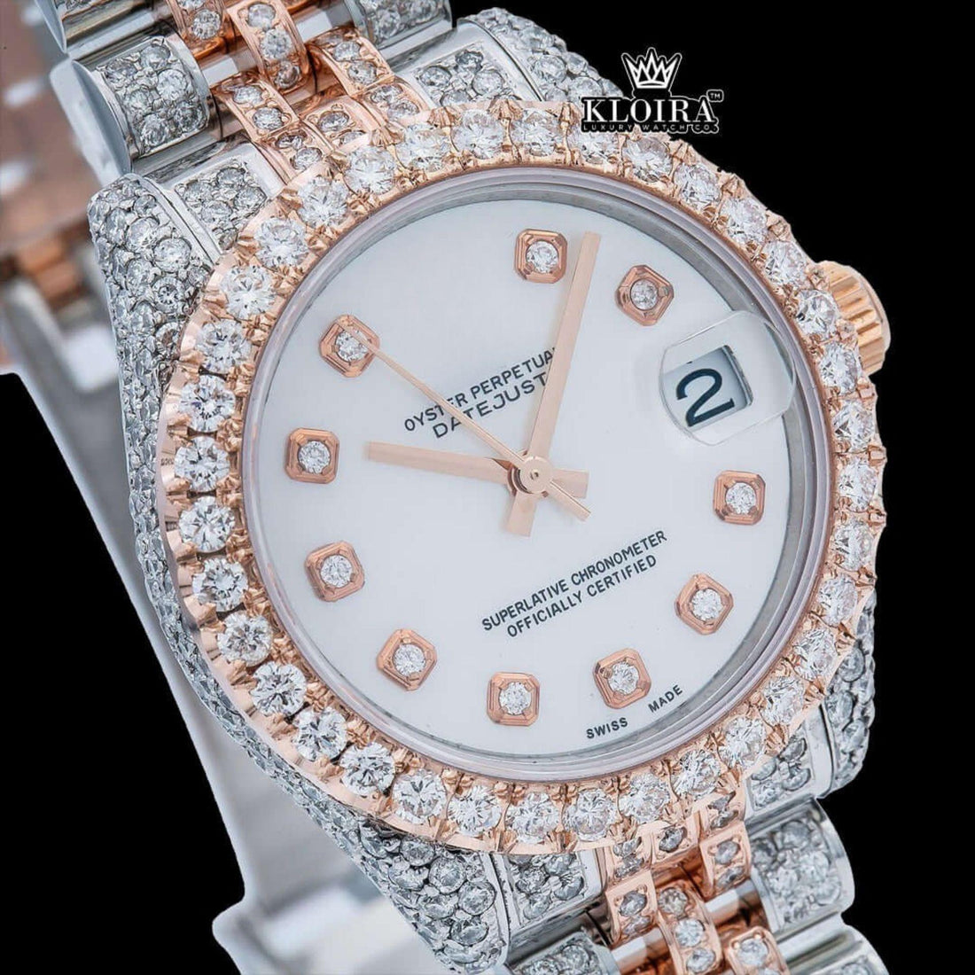 White Dile Diamond Markers Moissanite Watch 14K Gold VVS 18 Carat 42mm Front View