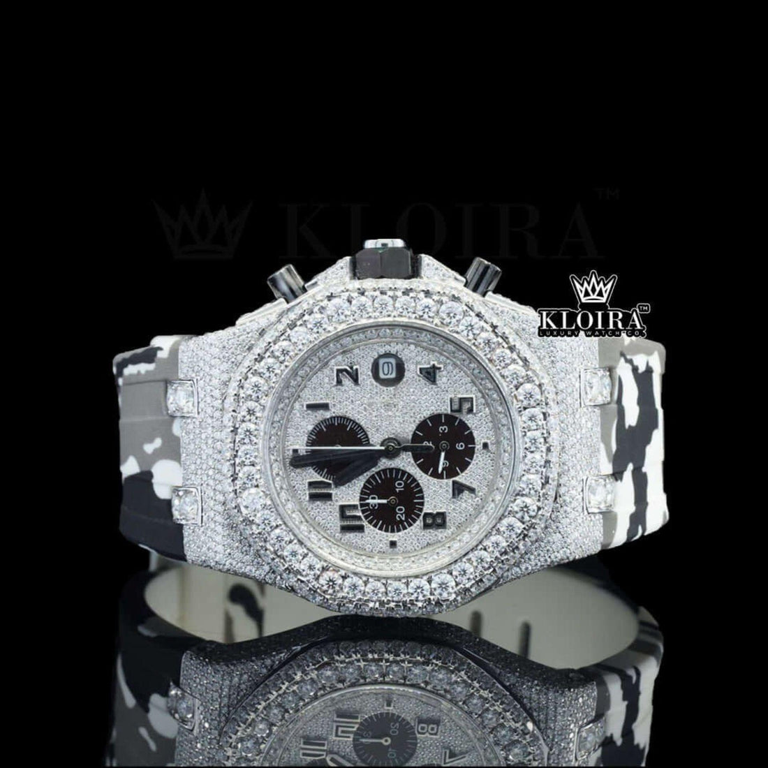 White Grey Rubber Strap Silver Dial Iced Out Moissanite Diamond Watch Front View