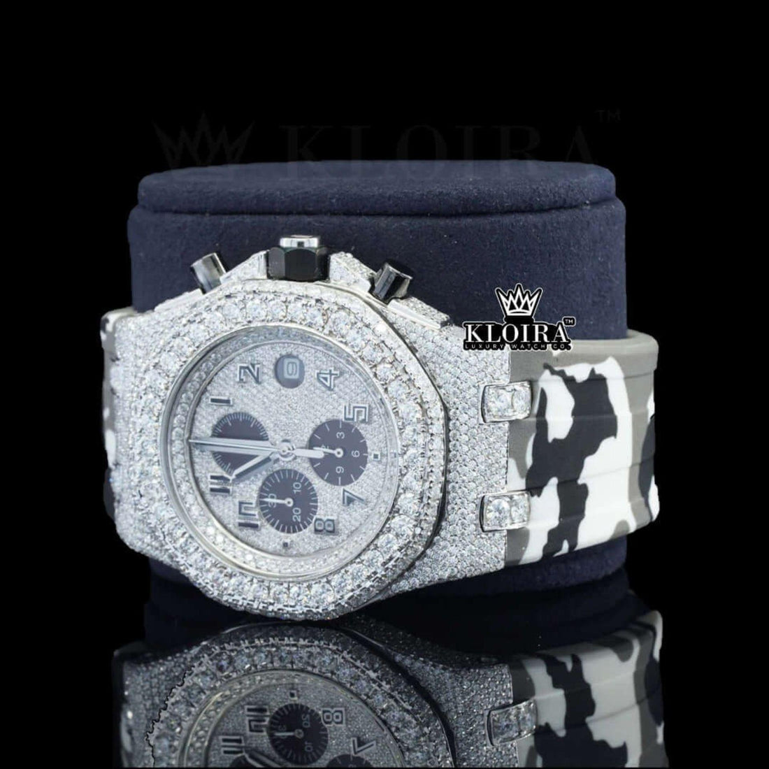 White Grey Rubber Strap Silver Dial Iced Out Moissanite Diamond Watch Front View