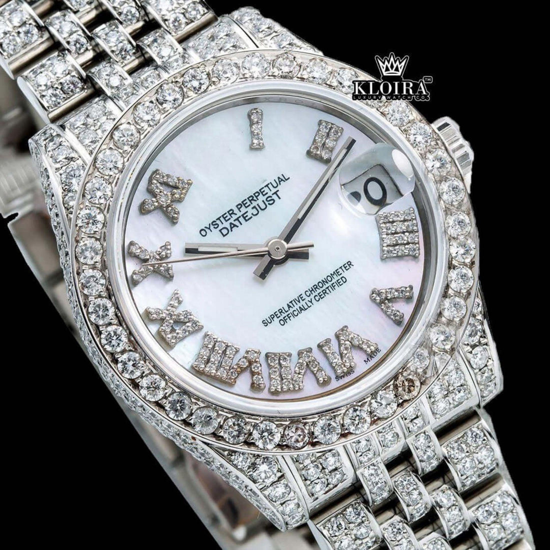 White Pearl Dial Roman Numerals Diamond Link Strap Iced Out Moissanite Watch Front View