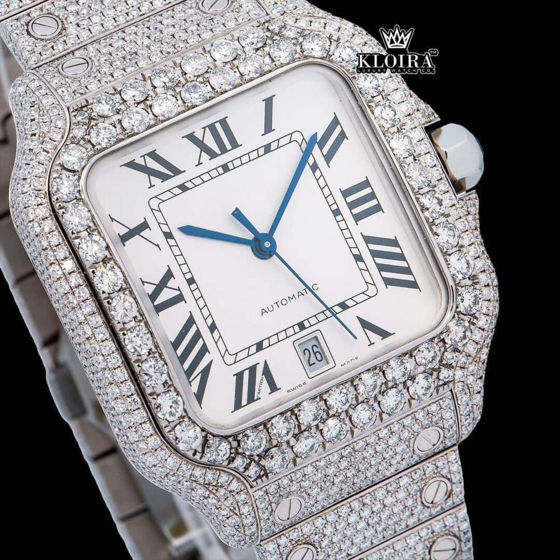 White Roman Dial Black Hands Fully Iced Out Moissanite Watch Front View