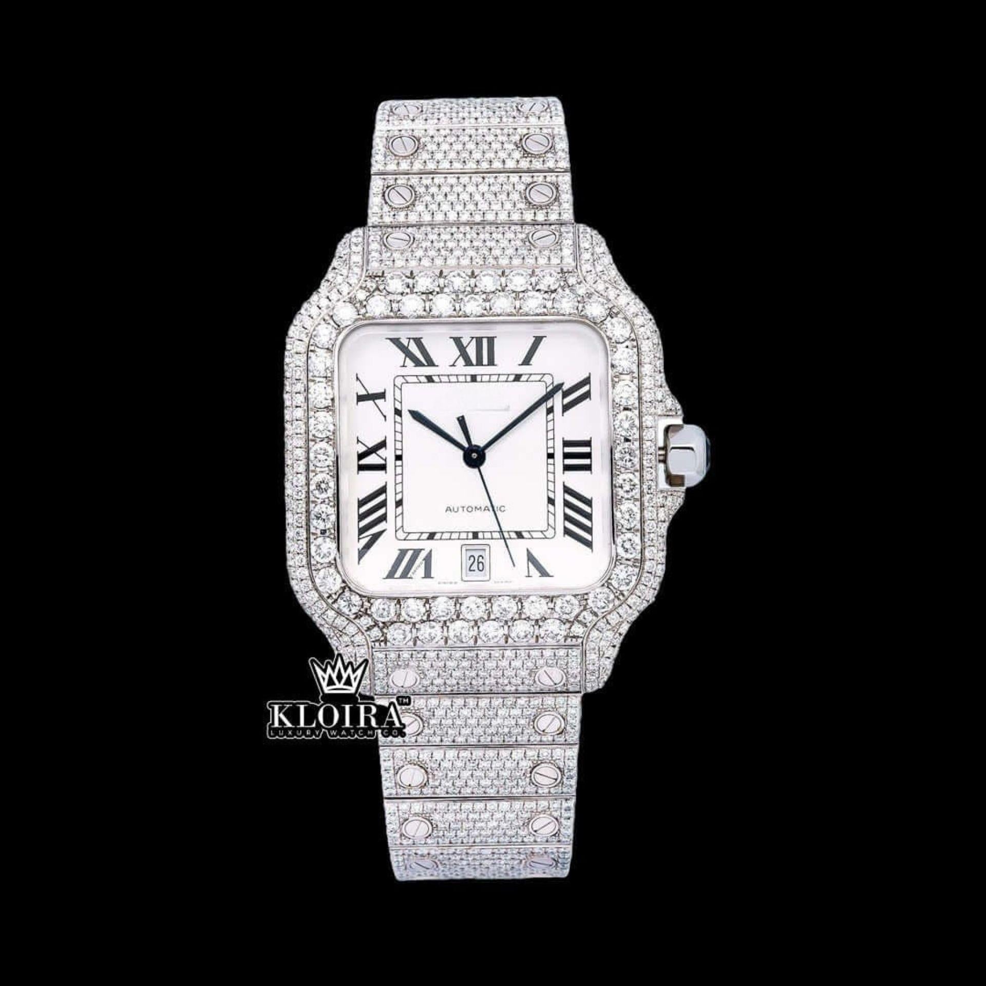 White Roman Dial Black Hands Fully Iced Out Moissanite Watch Front View