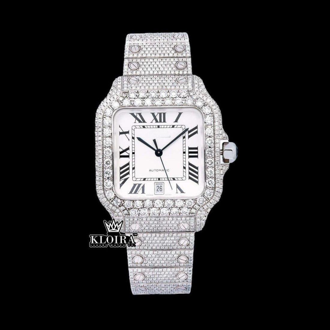 White Roman Dial Black Hands Fully Iced Out Moissanite Watch Front View