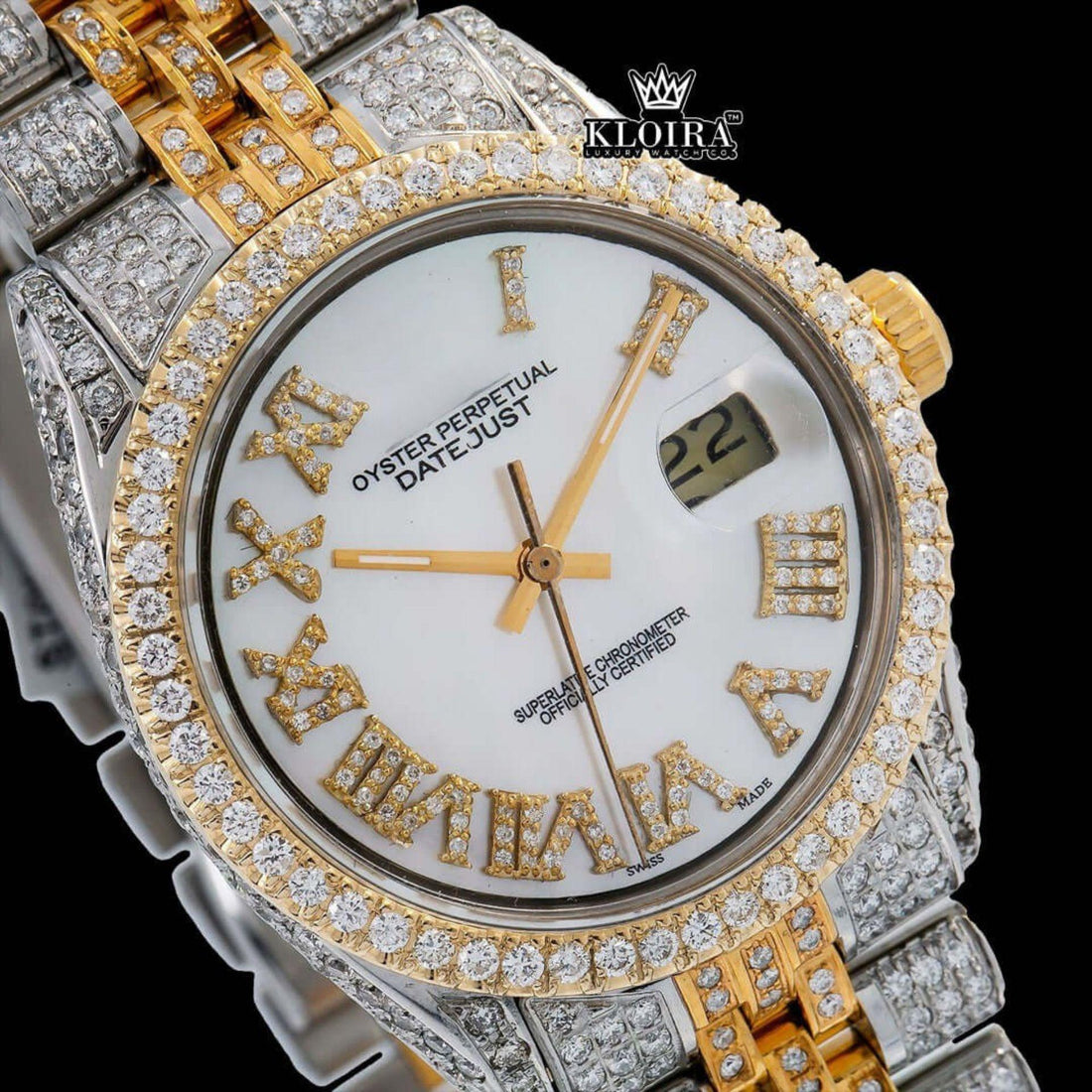 White Roman Dial Two Tone Diamond Link Strap Moissanite Watch Front View