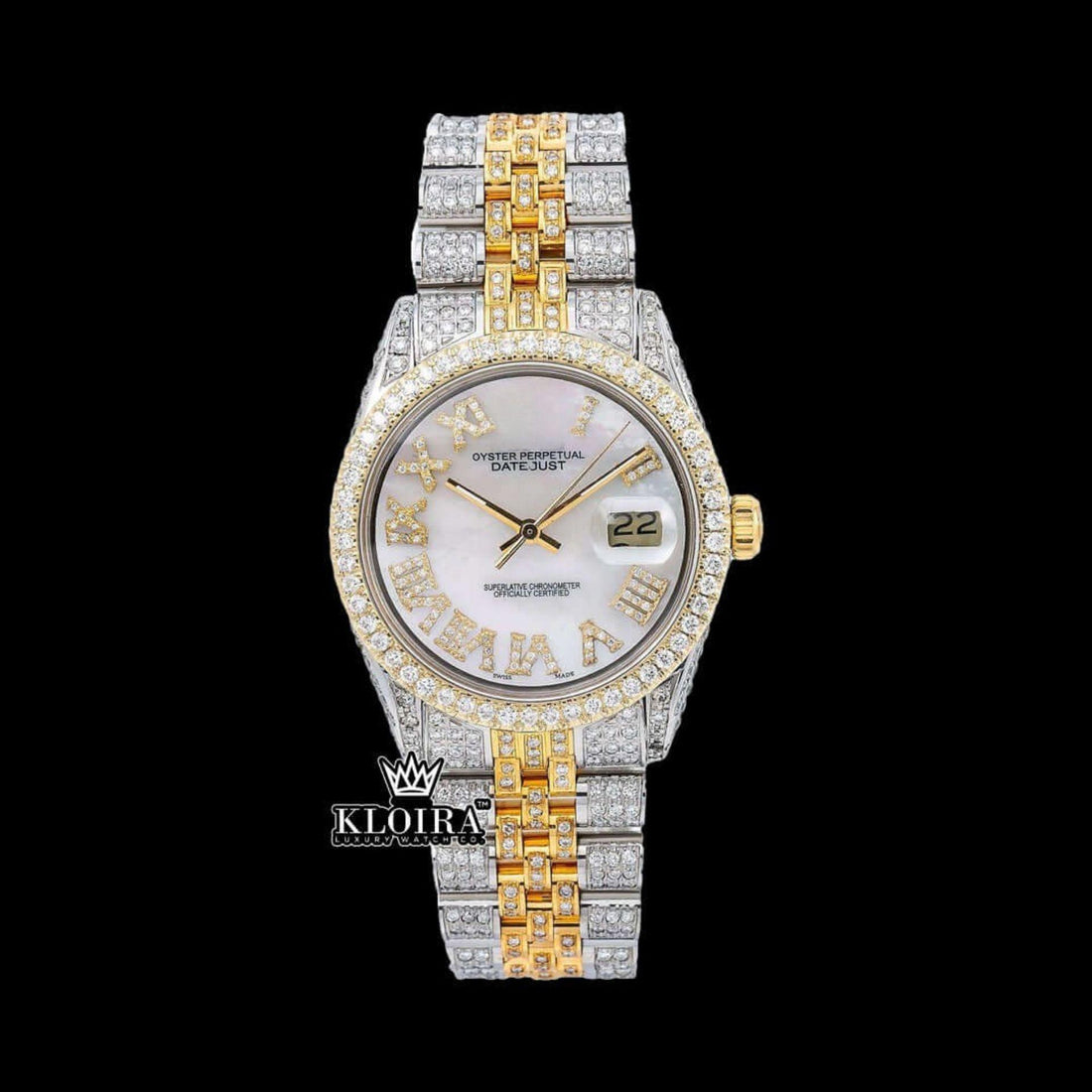 White Roman Dial Two Tone Diamond Link Strap Moissanite Watch Front View
