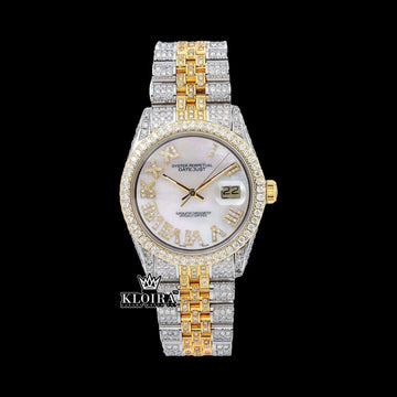 White Roman Dial Two Tone Diamond Link Strap Moissanite Watch Front View