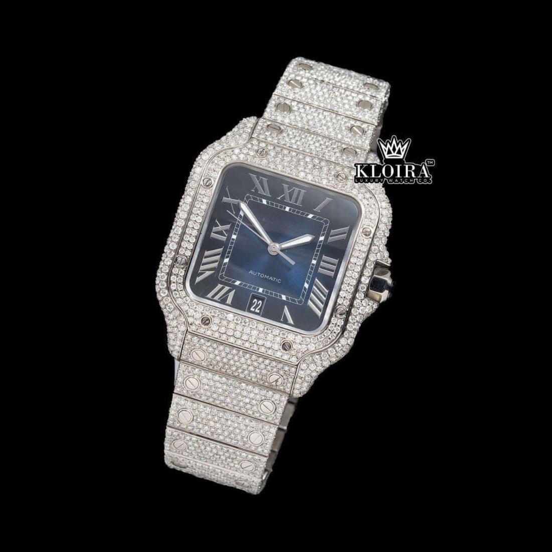 White Roman Numerals Blue Dial Full Iced Out Moissanite Watch Front View