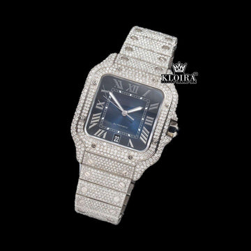 White Roman Numerals Blue Dial Full Iced Out Moissanite Watch Front View