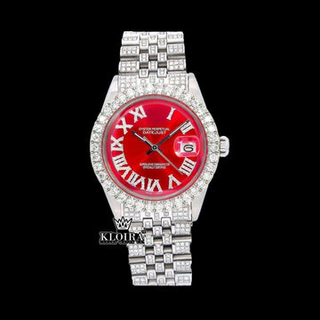 White Roman Numerals Red Dial Fuully Iced Moissanite Diamond Watch Front View