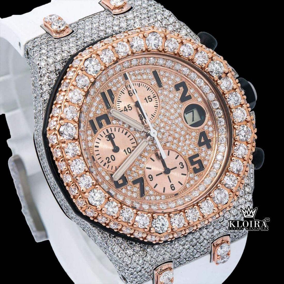 White Rubber Strap Chronograph Dial Semi Iced Out Moissanite Watch Front View