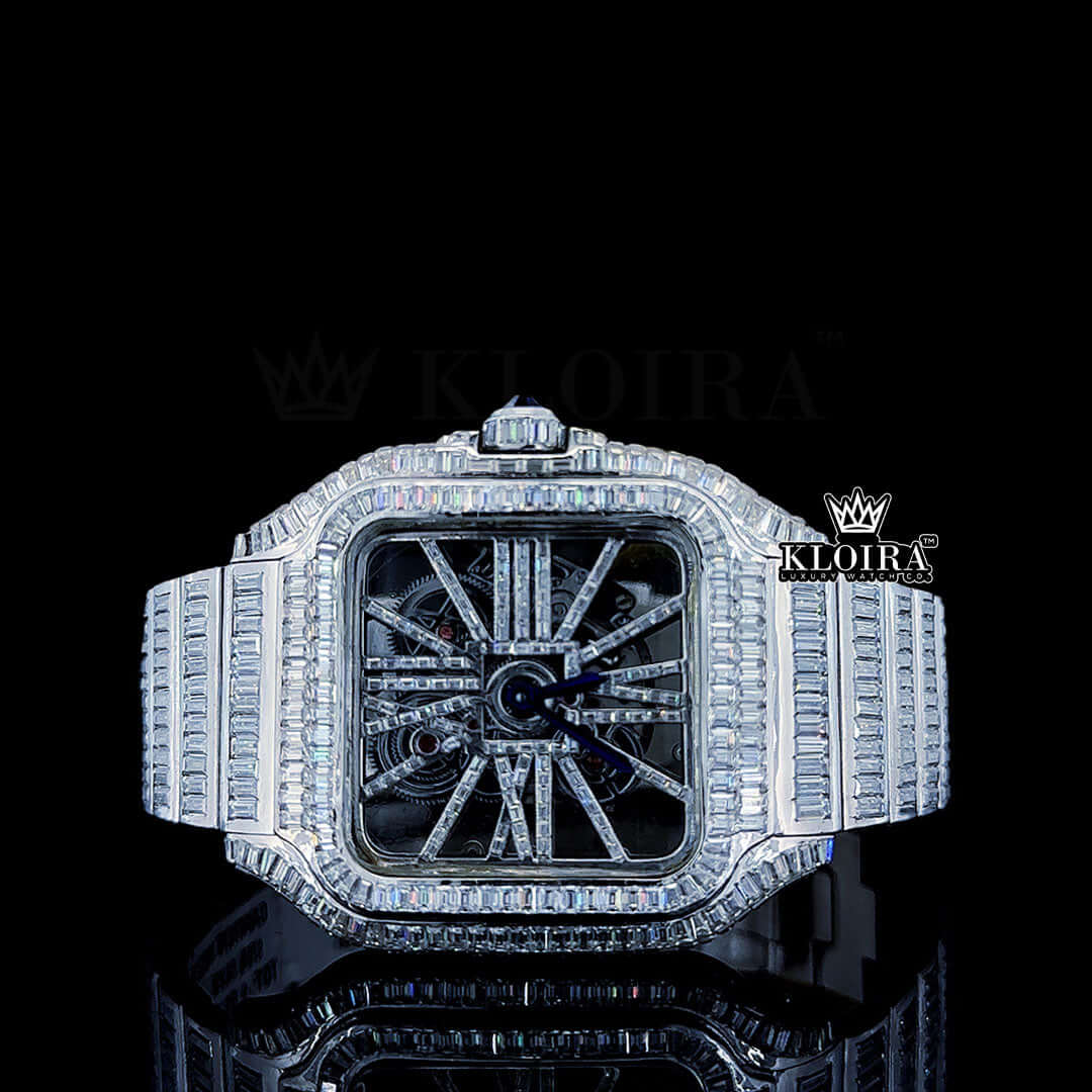 White Skeleton Dial Fully Iced Out Baguette Moissanite Watch Front View