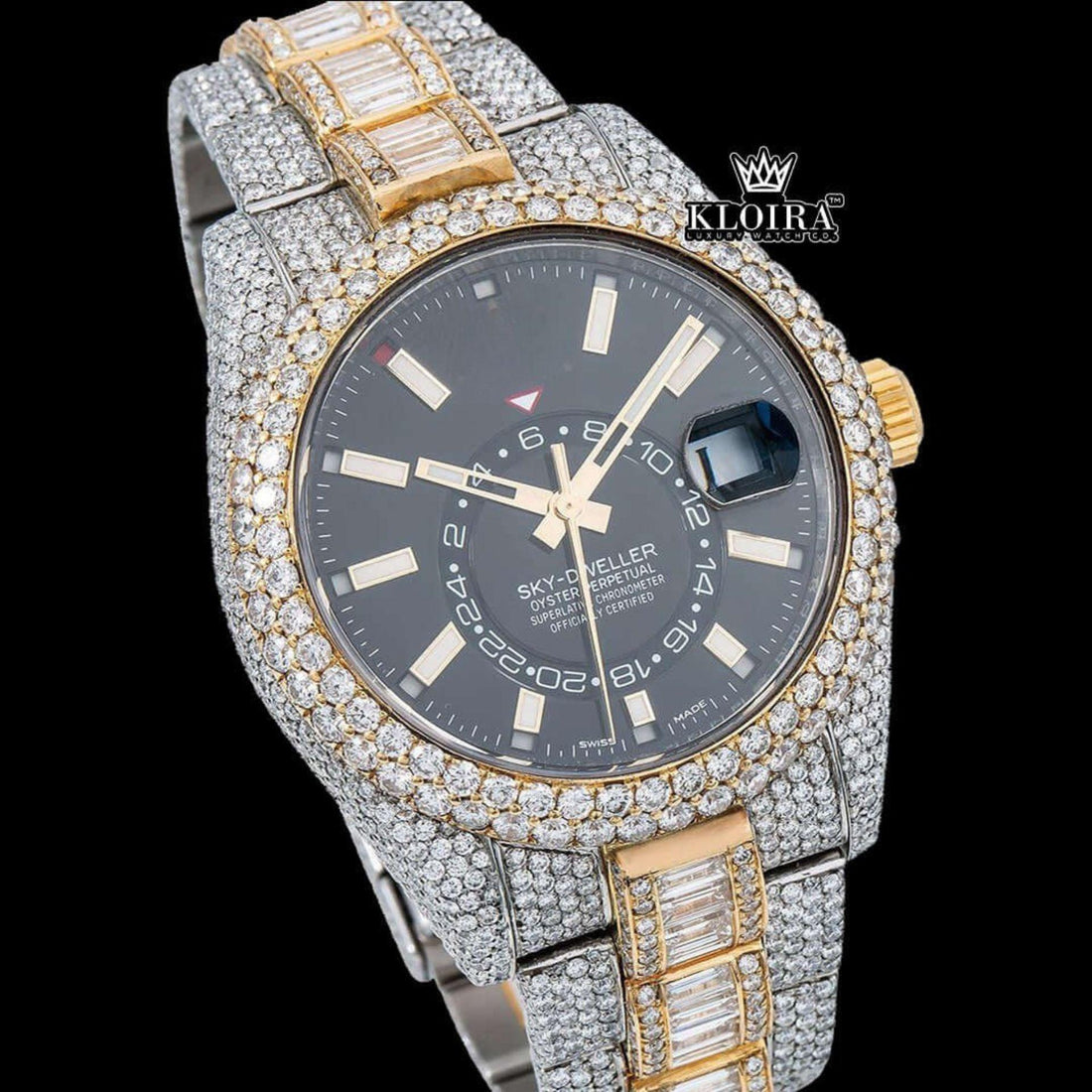 White Stick Markers Black Dial Two Tone Iced Out Moissanite Diamond Watch  Front View