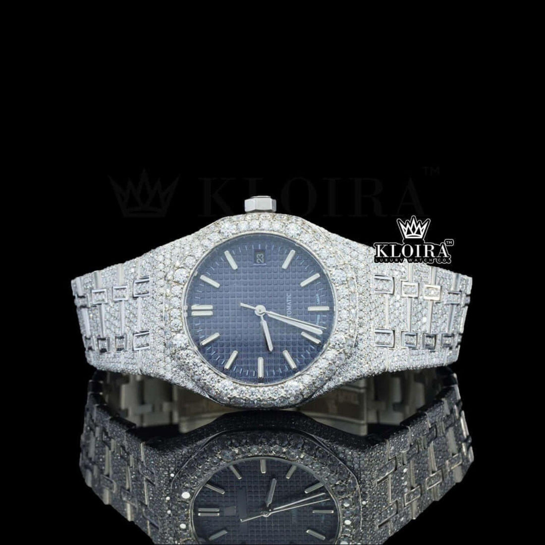 White Stick Markers Blue Dial Fully Iced Out Moissanite Diamond Watch Front View