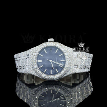 White Stick Markers Blue Dial Fully Iced Out Moissanite Diamond Watch Front View