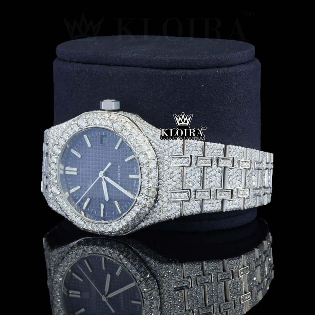 White Stick Markers Blue Dial Fully Iced Out Moissanite Diamond Watch Front View