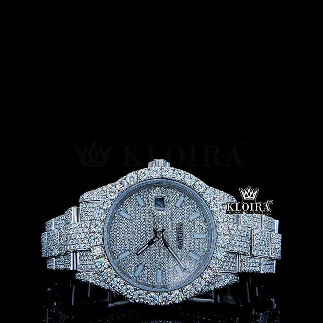 White Stick Markers Dial Full Iced Out White Gold Moissanite Watch Front View