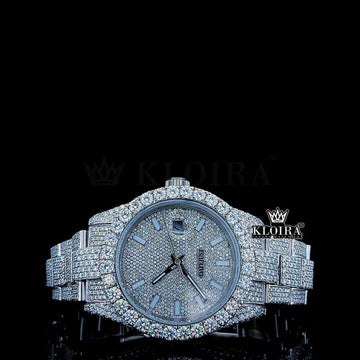 White Stick Markers Dial Full Iced Out White Gold Moissanite Watch Front View