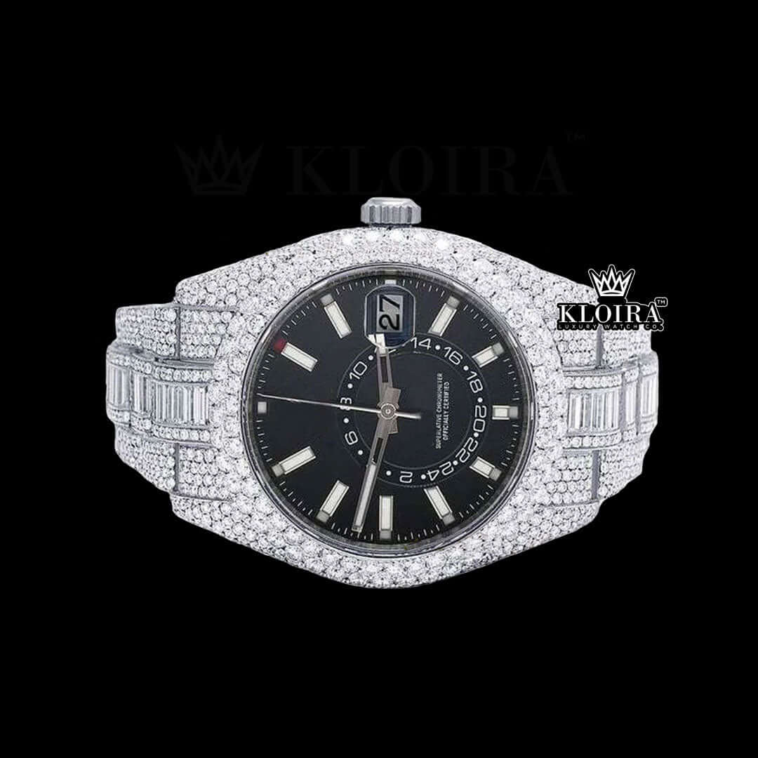 White Stick Markers Dual Time Black Dial Full Icd Out Moissanite Watch Front View