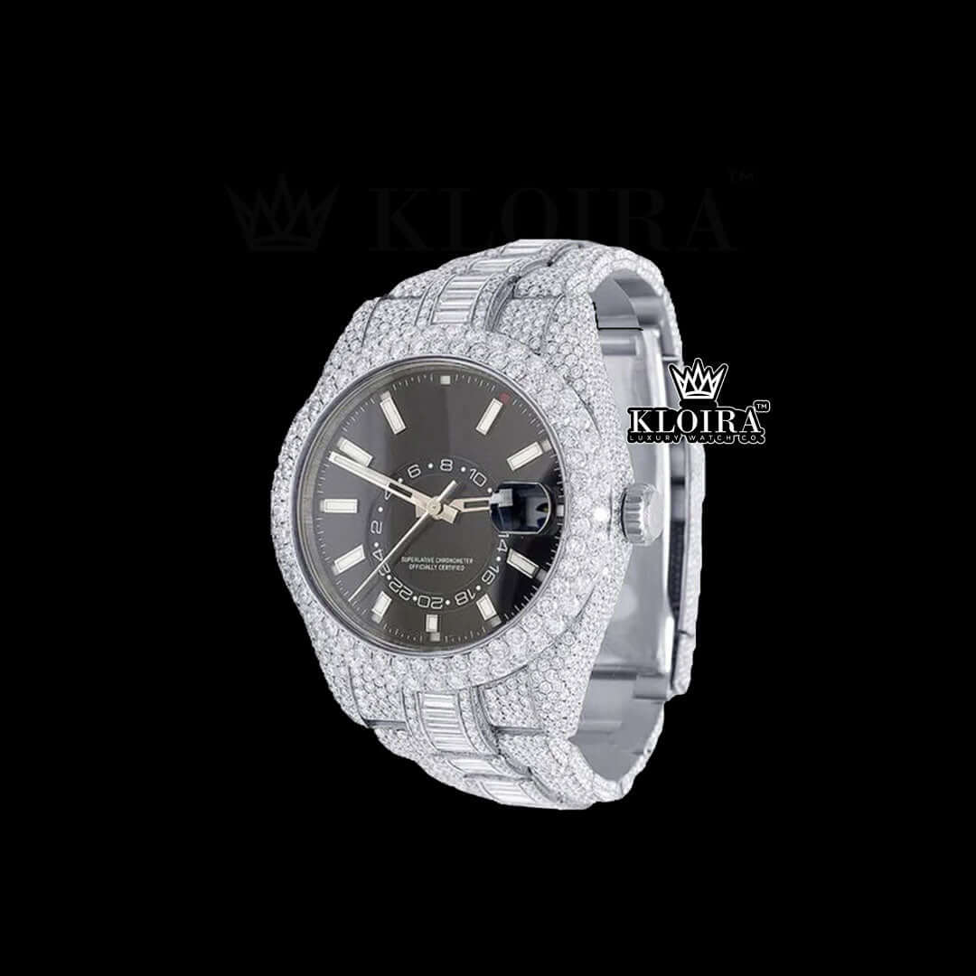 White Stick Markers Dual Time Black Dial Full Icd Out Moissanite Watch Front View