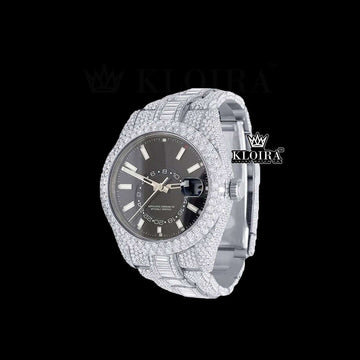 White Stick Markers Dual Time Black Dial Full Icd Out Moissanite Watch Front View