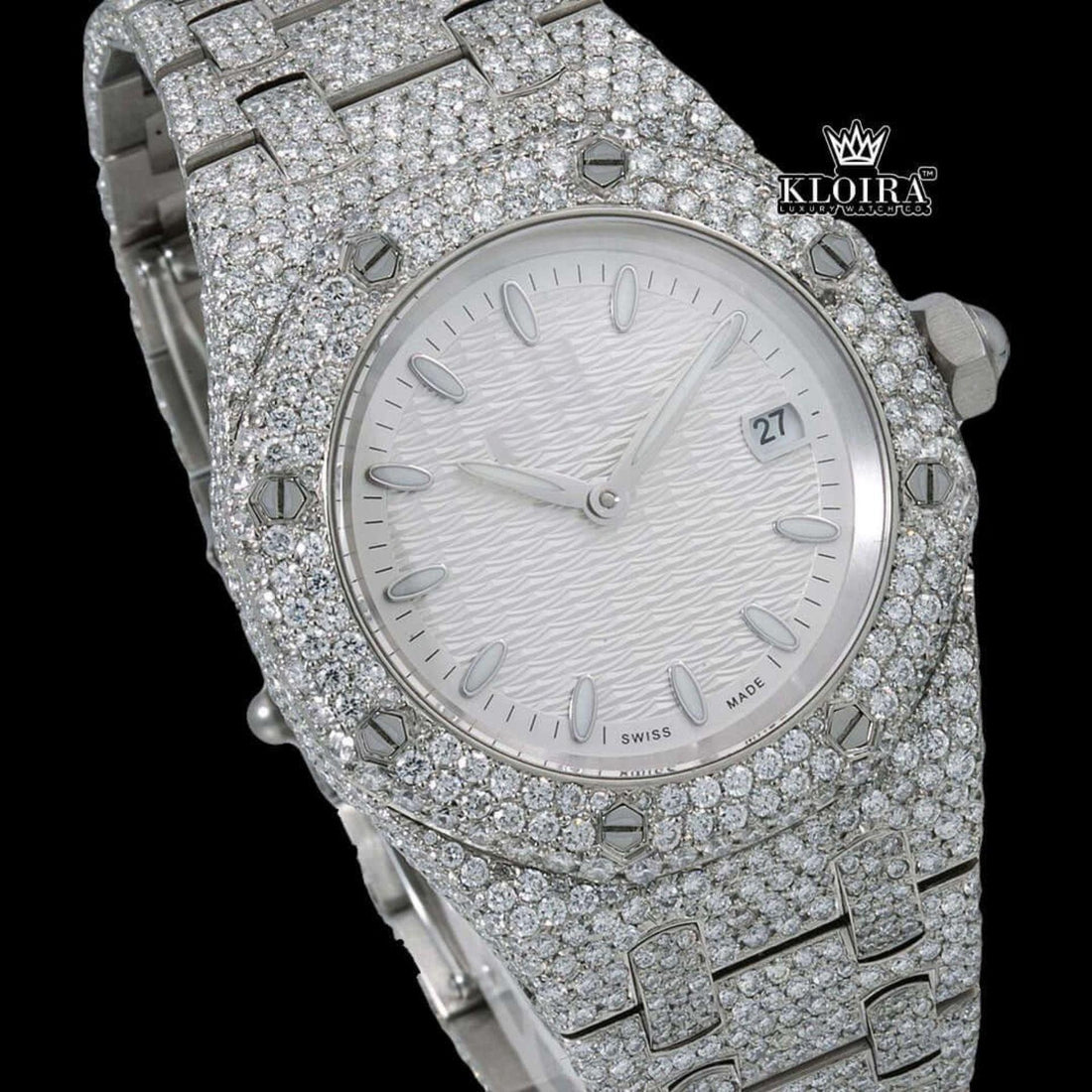 White Textured Dial Stick Markers Fully Iced Moissanite Diamond Watch Front View
