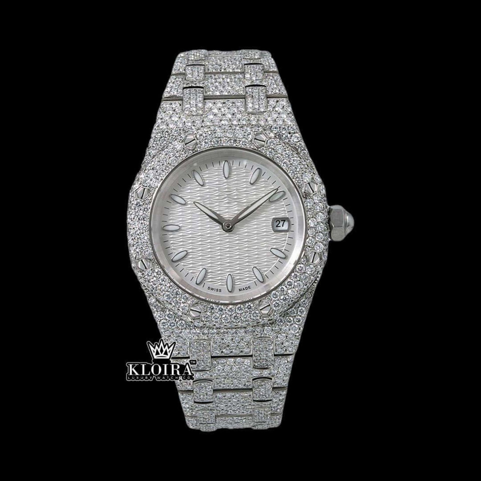 White Textured Dial Stick Markers Fully Iced Moissanite Diamond Watch Front View