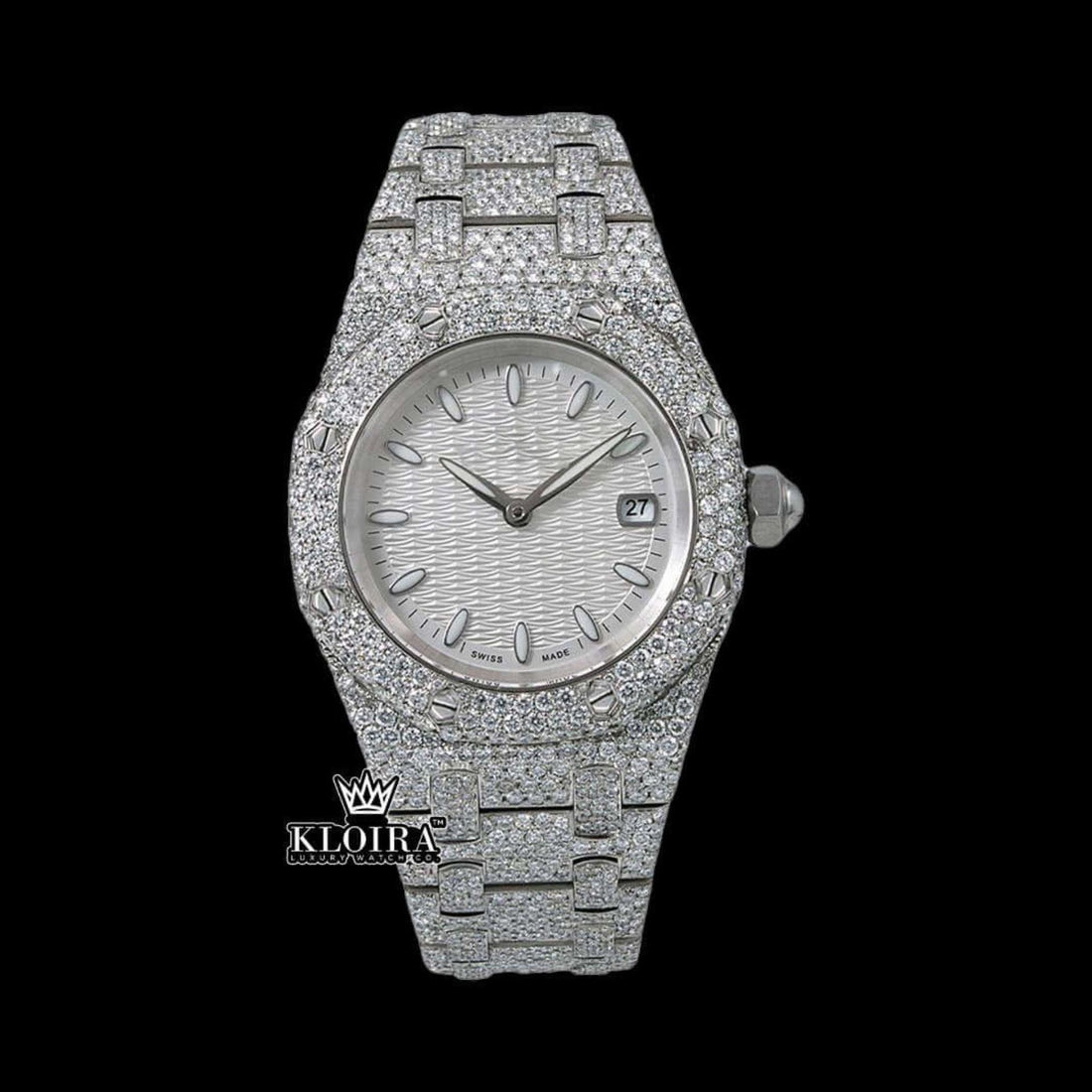 White Textured Dial Stick Markers Fully Iced Moissanite Diamond Watch Front View
