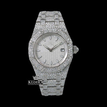 White Textured Dial Stick Markers Fully Iced Moissanite Diamond Watch Front View