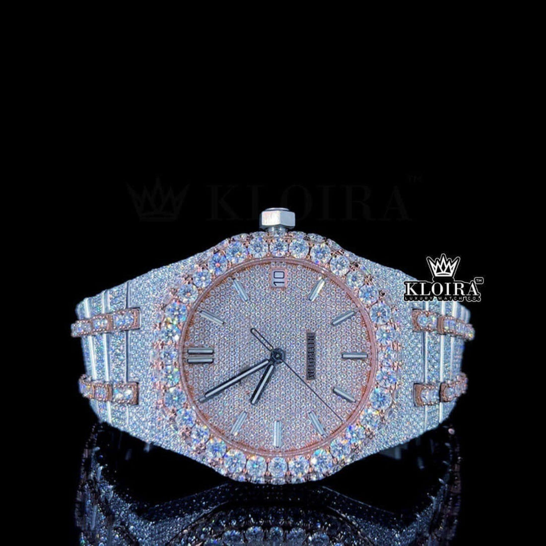 Women AP Rose Gold Dial Two Tone Fully Iced Out Moissanite Watch Front View