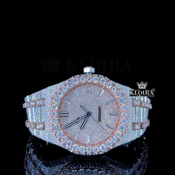 Women AP Rose Gold Dial Two Tone Fully Iced Out Moissanite Watch Front View