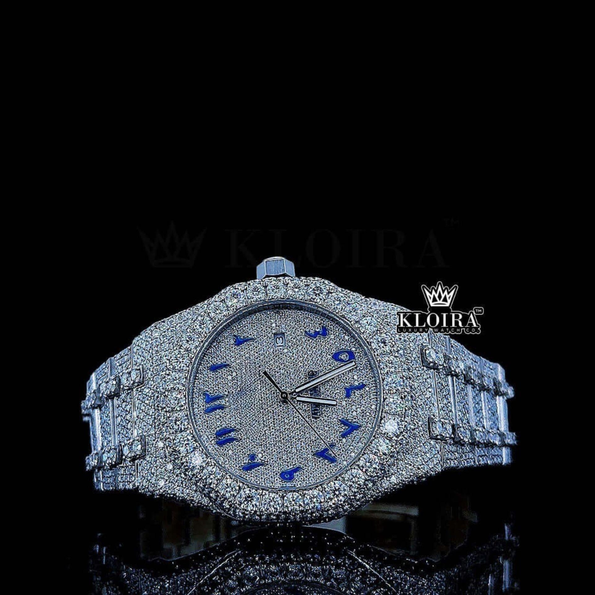 Women Blue Arabic Dial Fully Iced Out Moissanite Diamond Watch Front View