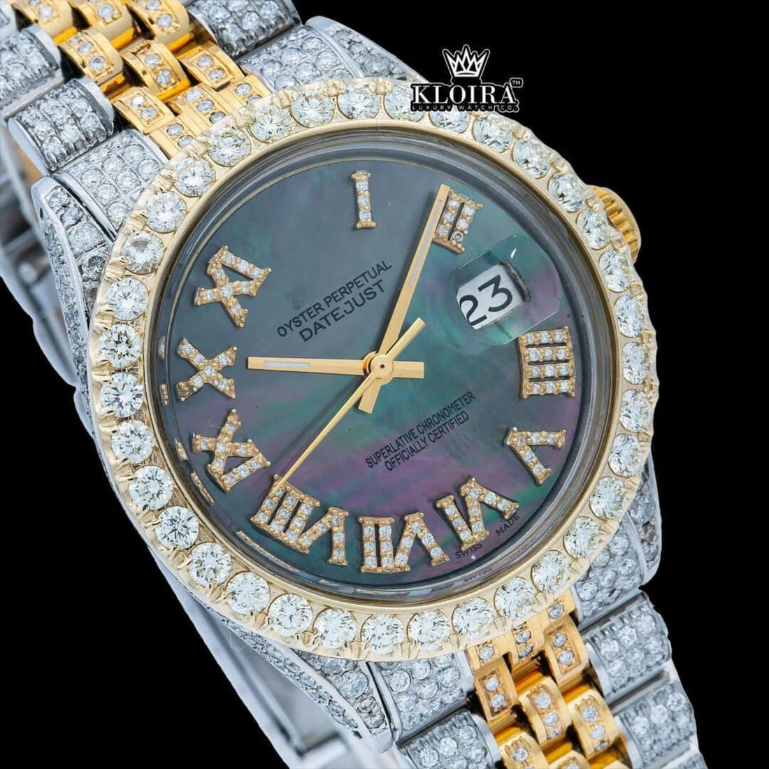 Women's Datejust Rolex Inspired Iced Out Two Tone Roman Dial Moissanite Watch Front View