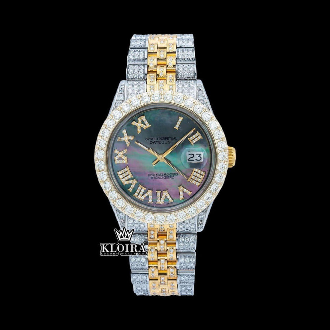 Women's Datejust Rolex Inspired Iced Out Two Tone Roman Dial Moissanite Watch Front View
