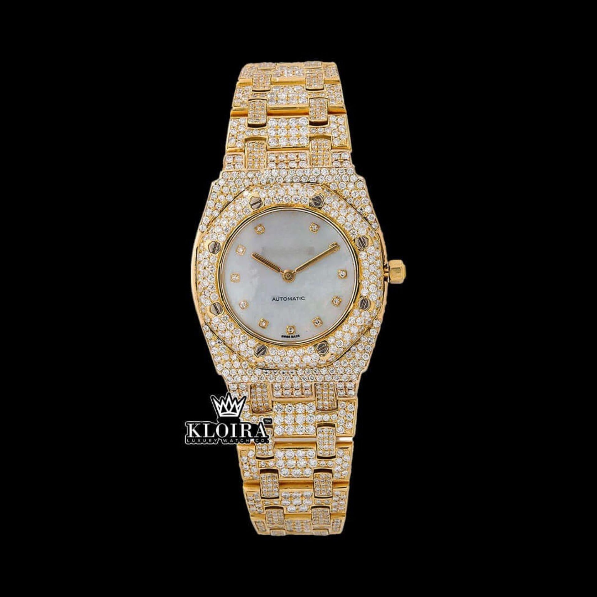 Women's Iced Out Yellow Gold Moissanite Diamond Watch VVS 36mm Front View