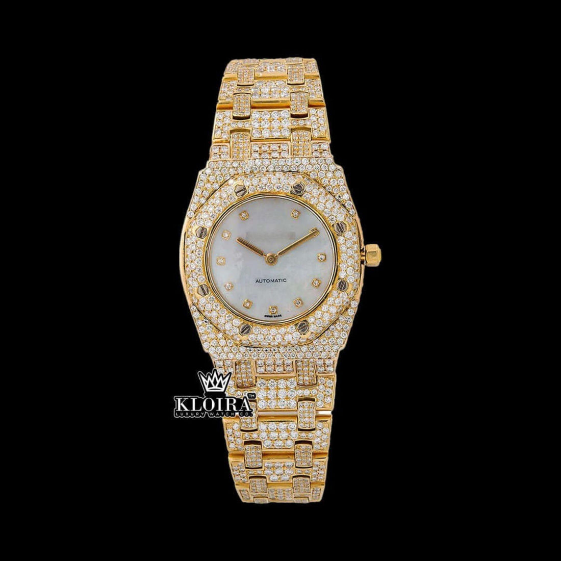 Women's Iced Out Yellow Gold Moissanite Diamond Watch VVS 36mm Front View