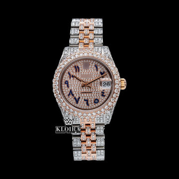 Women's Moissanite Rolex Watch featuring a stunning diamond-encrusted design and 14K gold-plated case.