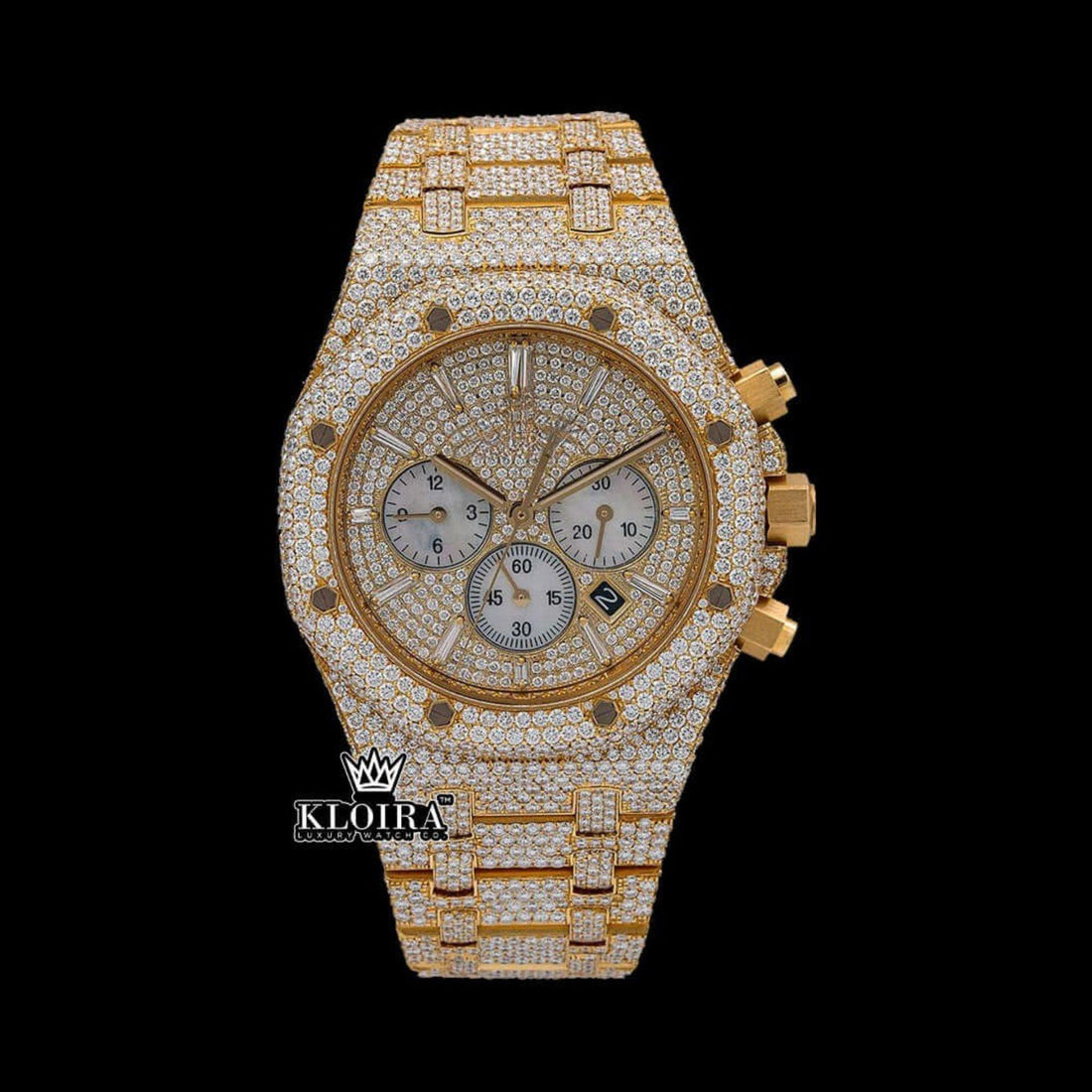 Women's Yellow Gold Full Iced Out Moissanite Diamond Watch Front View