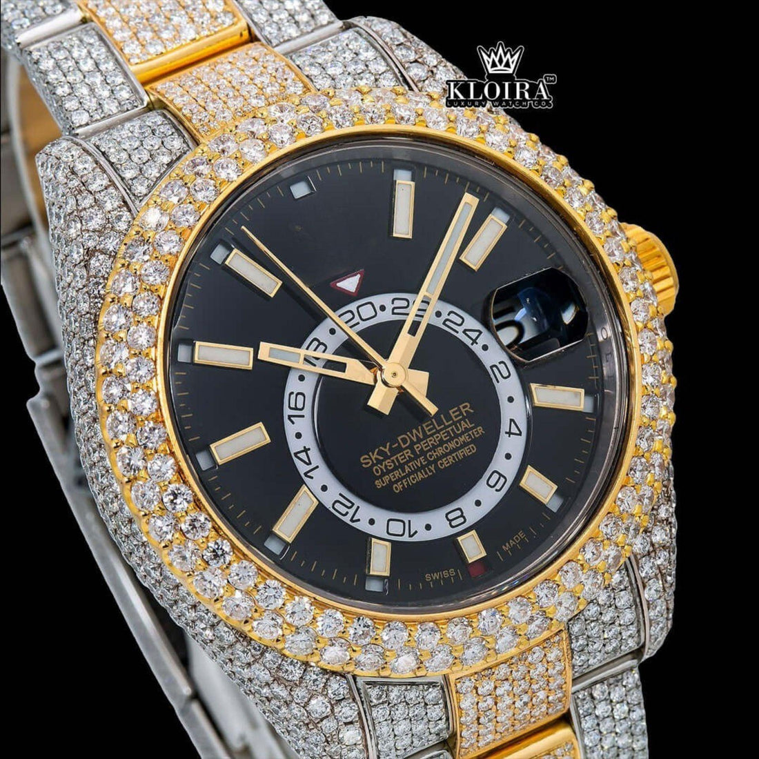 Yellow Bezel Black Dial Stick Markers Iced Out Moissanite Diamond Watch Front View