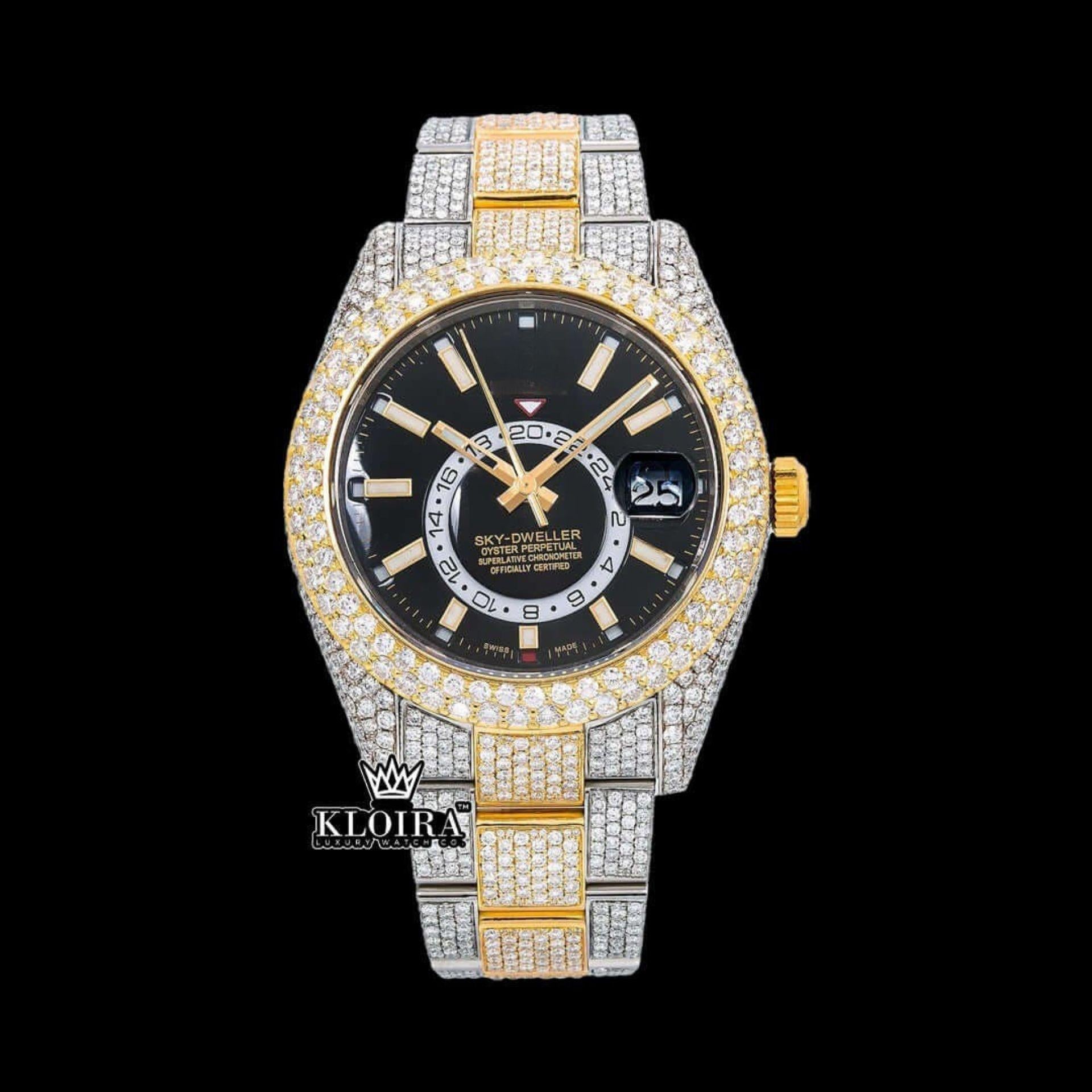 Yellow Bezel Black Dial Stick Markers Iced Out Moissanite Diamond Watch Front View