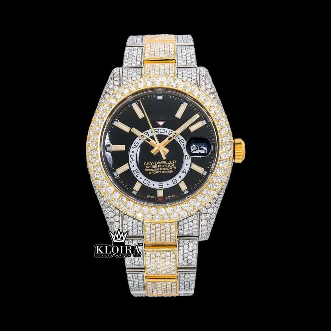 Yellow Bezel Black Dial Stick Markers Iced Out Moissanite Diamond Watch Front View